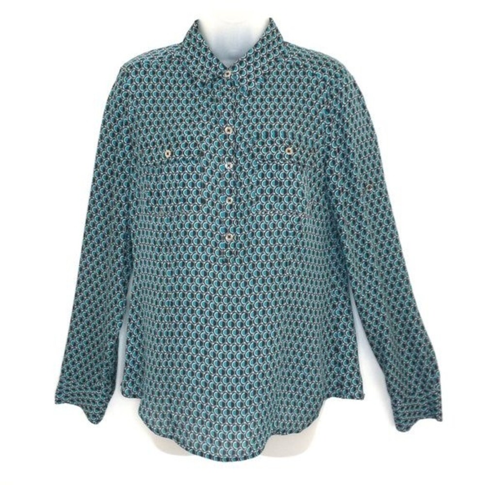 White House Black Market Silk Geometric Blouse Roll Tab Sleeve Size 6 Career